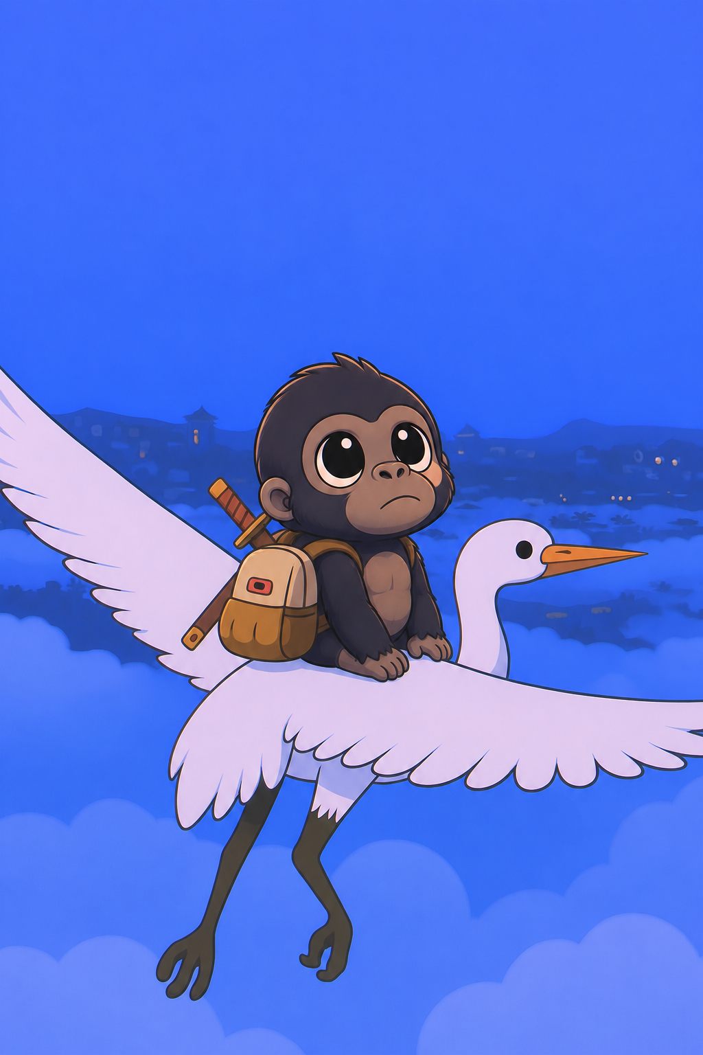 Gubo riding a white crane above the clouds